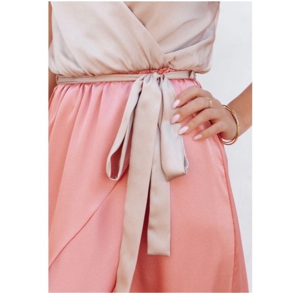 Vici Ansley Satin Colorblock High Low Tyche Maxi Dress Nude Peach - Picture 3 of 13